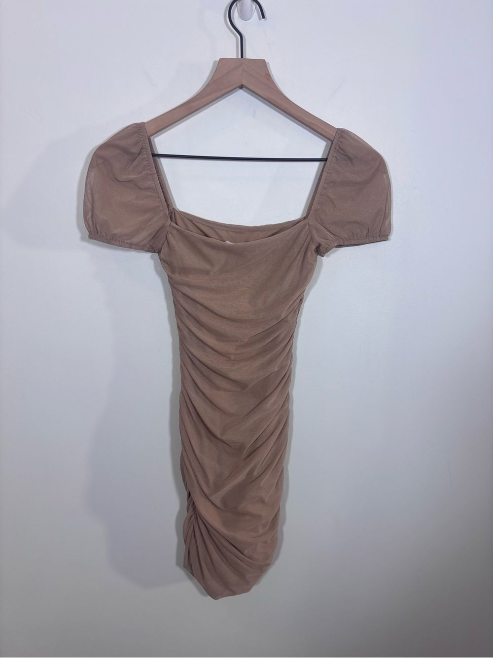 Princess Polly Charvi Mini Dress Tan NWT US 2 Ruching Sexy Mesh Stretch - Picture 4 of 14